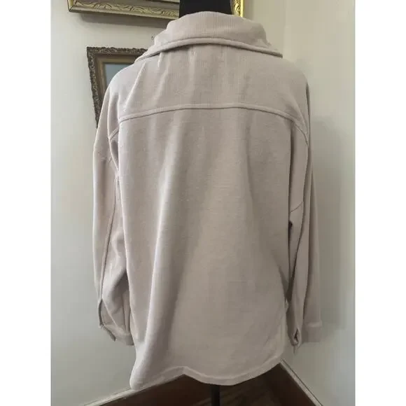 Hippie Rose Ribbed Knit Shacket Jacket Beige Button Front Utility Shirt Size S - Picture 2 of 10